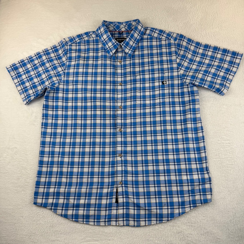 Marmot Button‎ Down Shirt Mens XL Blue Plaid Short Sleeve Hiking Performance
